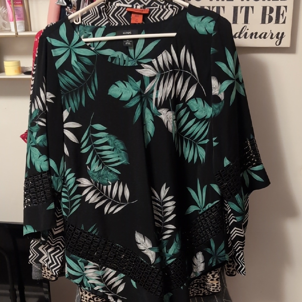 Alfani Black Top with Green and White Leaf Design